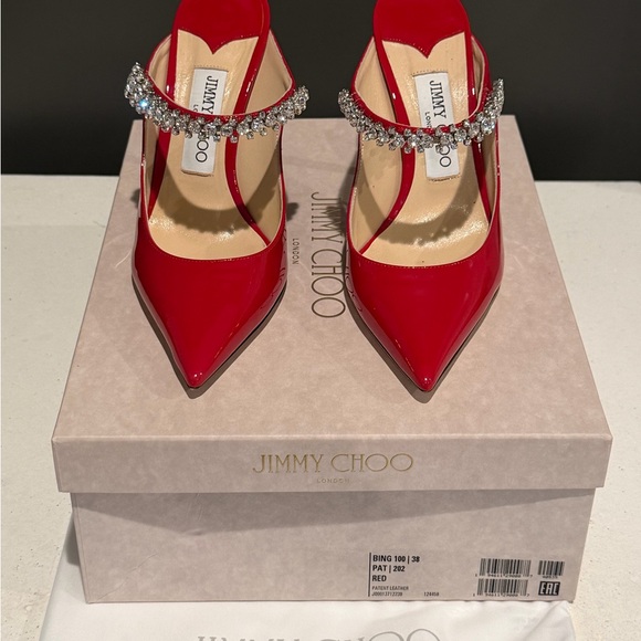 Jimmy Choo Shoes - Ing Red Patent Pointed Toe Heels with Crystal Strap